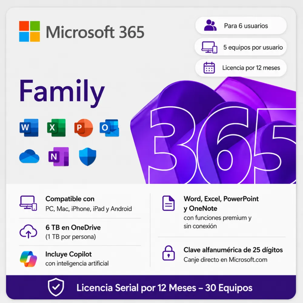 Microsoft Office 365 Family - Suscripción Original con Copilot IA - 30 equipos en total