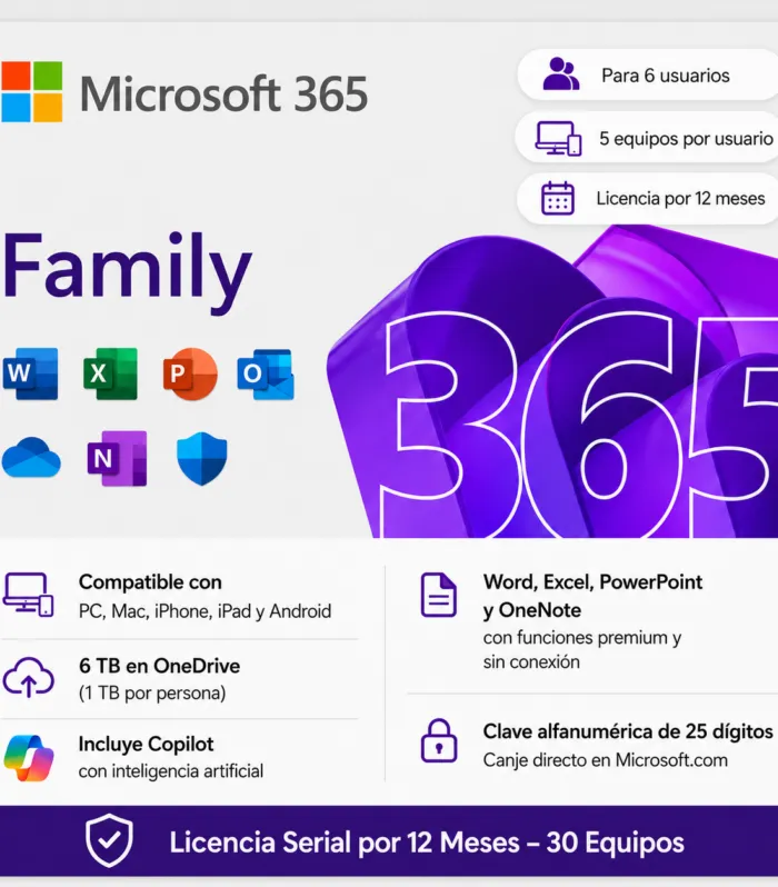 Microsoft Office 365 Family - Suscripción Original con Copilot IA - 30 equipos en total